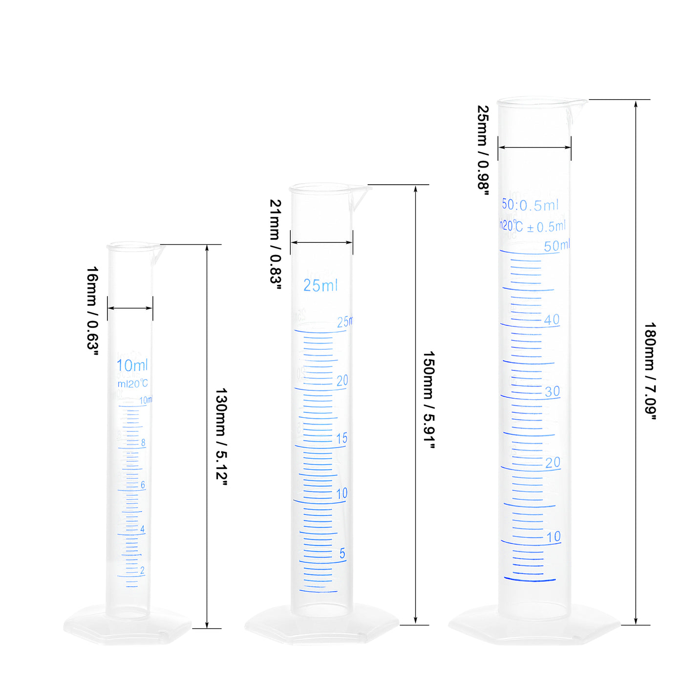 uxcell Uxcell Plastic Graduated Cylinder, 10ml 25ml 50ml Measuring Cylinder,  Double-Sided Metric Marking, Clear Hex Base, Set of 3