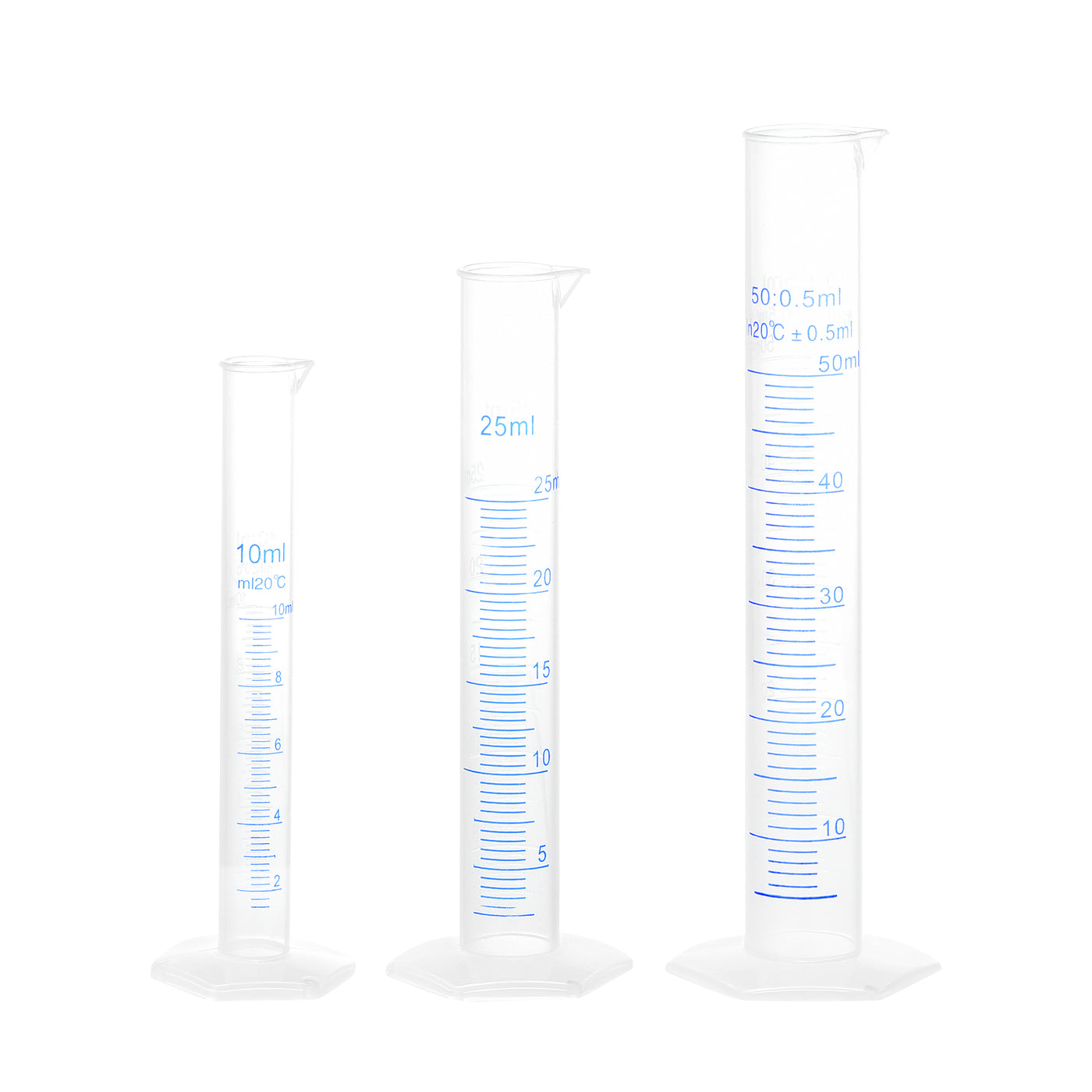 uxcell Uxcell Plastic Graduated Cylinder, 10ml 25ml 50ml Measuring Cylinder,  Double-Sided Metric Marking, Clear Hex Base, Set of 3