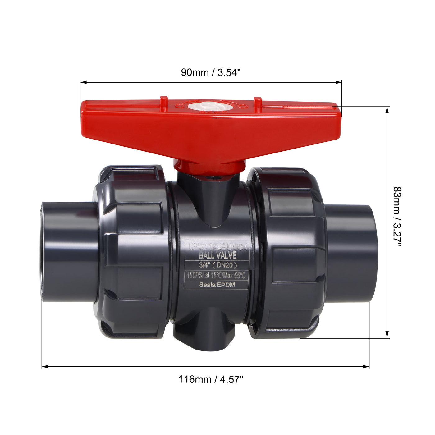 Uxcell Uxcell Ball Valve, 3/4" Slip PVC Socket End True Union Valve, EPDM Seal O-ring, 150 PSI at 59F Gray Red