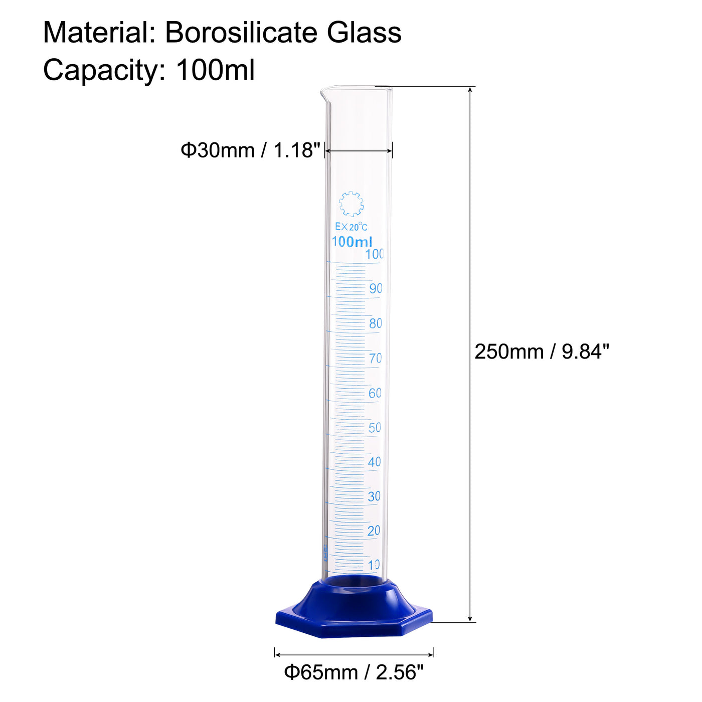 uxcell Uxcell Borosilicate Glass Graduated Cylinder, 100ml Measuring Cylinder, Blue Hex Base