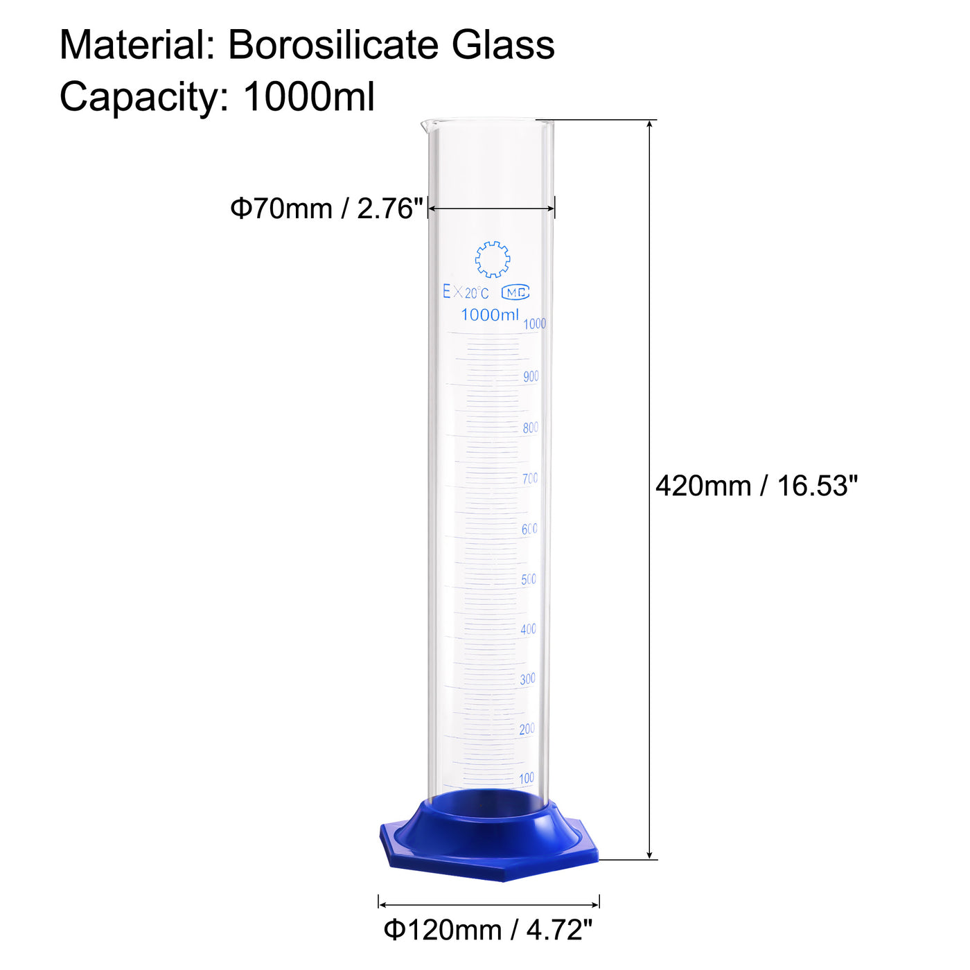 uxcell Uxcell Borosilicate Glass Graduated Cylinder, 1000ml Measuring Cylinder, Blue Hex Base