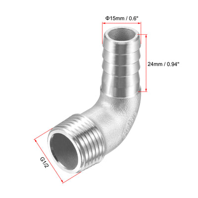 Harfington Uxcell Stainless Steel Hose Barb Fitting Elbow 8mm x G1/2 Male Pipe Connector 2pcs