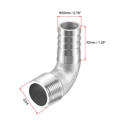 Harfington Uxcell Stainless Steel Hose Barb Fitting Elbow 20mm x G3/4 Male Pipe Connector 2pcs