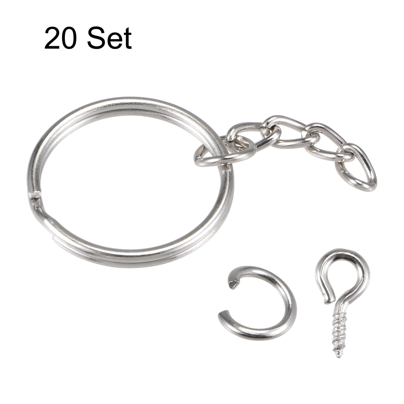 uxcell Uxcell Split Key Ring with Chain 1.5x25mm, with 8mm Open Jump Ring Connectors, with 10mm Small Screw Eye Pins, Nickel Plated Iron, Pack of 20