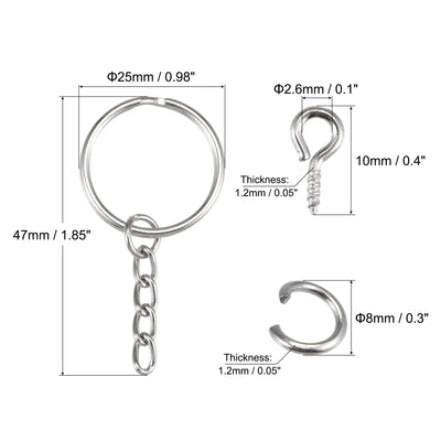 Harfington Uxcell Split Key Ring with Chain 1.5x25mm, with 8mm Open Jump Ring Connectors, with 10mm Small Screw Eye Pins, Nickel Plated Iron, Pack of 20