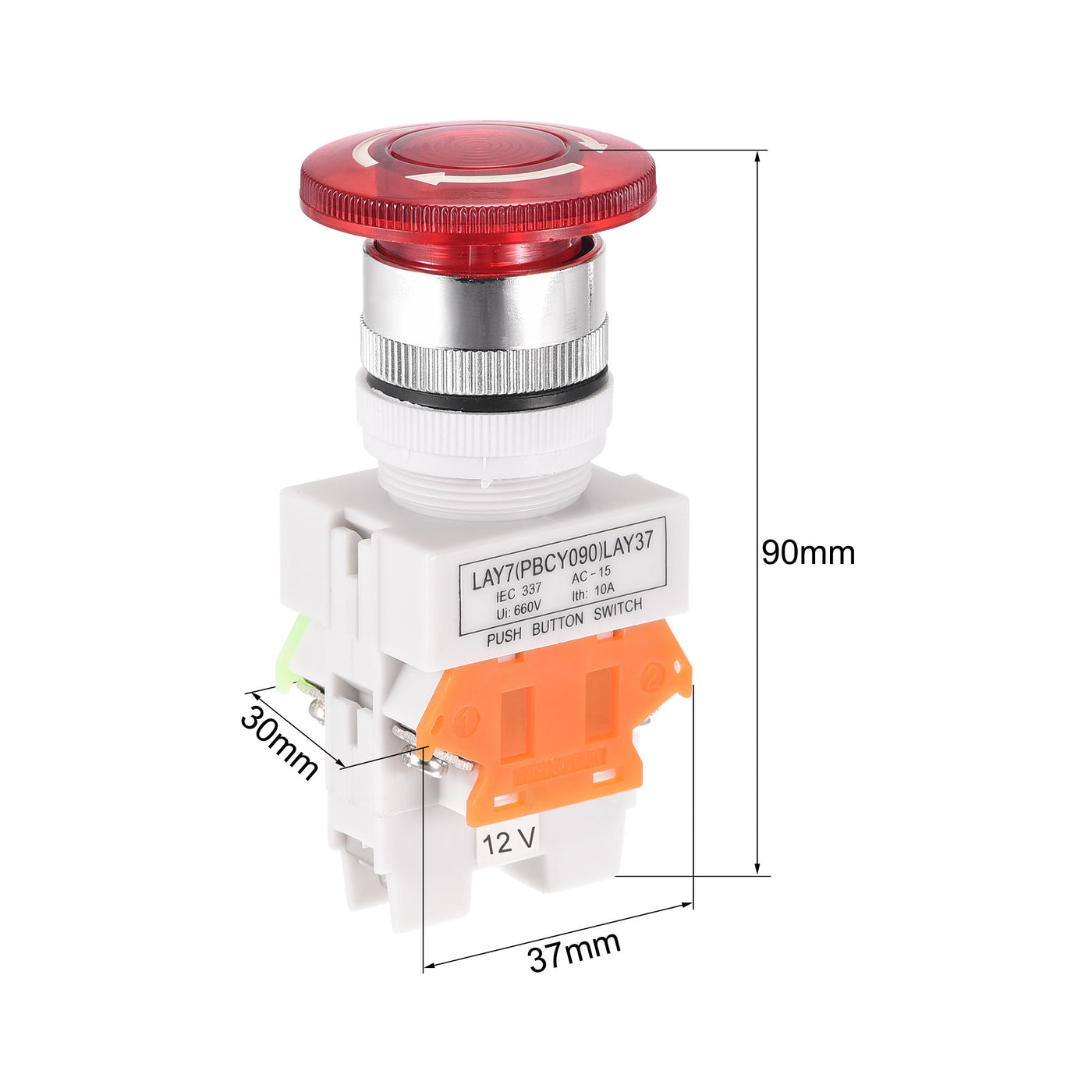 uxcell Uxcell 22mm Mounting Latching Emergency Stop Push Button Switch AC250V 10A With  Light 12V 1NO 1NC