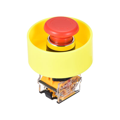 Harfington Uxcell 22mm Mounting Latching Emergency Stop Push Button Switch With 65mm Yellow Protective Circle 1NO 1NC