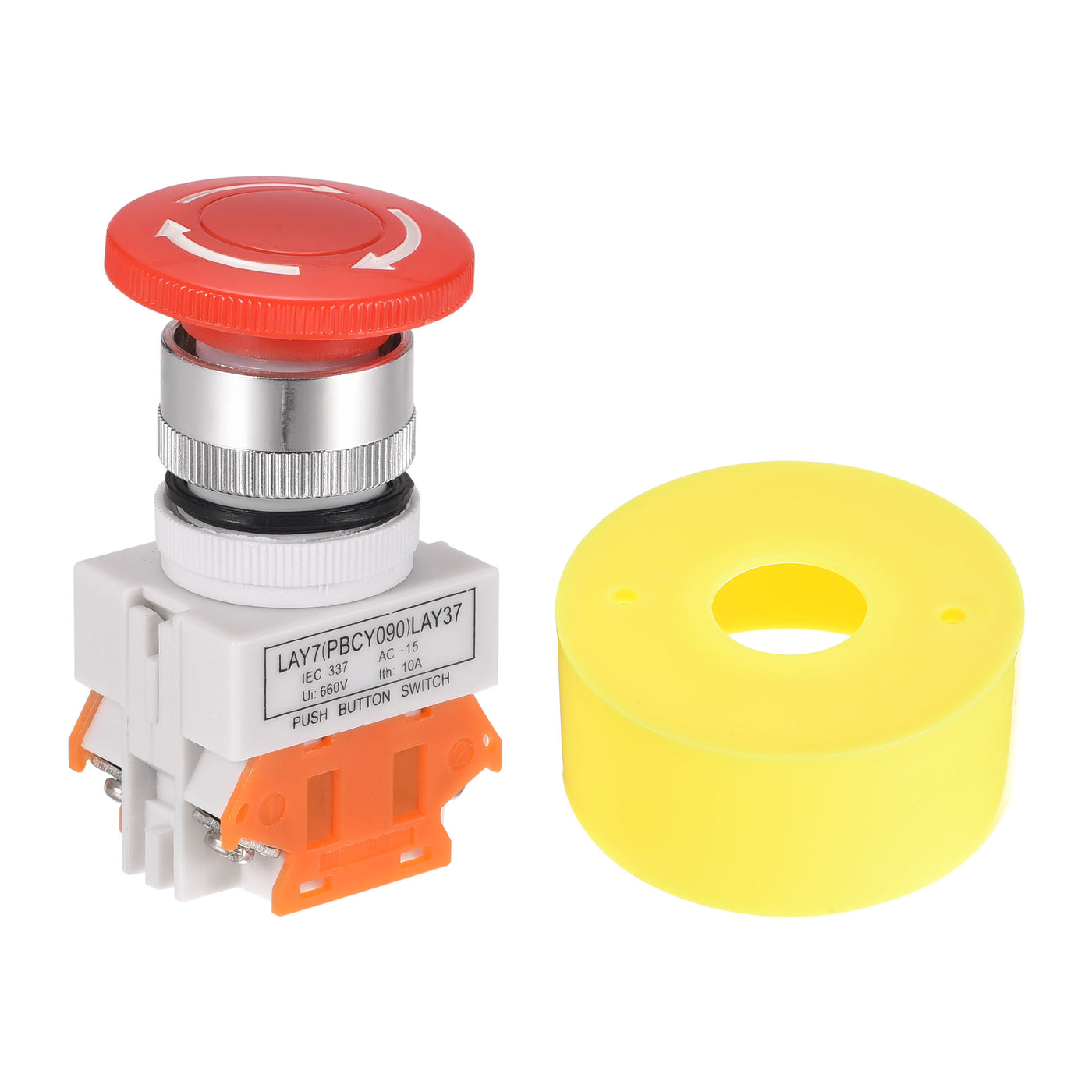 uxcell Uxcell 22mm Mounting Latching Emergency Stop Push Button Switch With 65mm Yellow Protective Circle 2NC