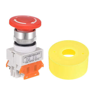 Harfington Uxcell 22mm Mounting Latching Emergency Stop Push Button Switch With 65mm Yellow Protective Circle 2NC