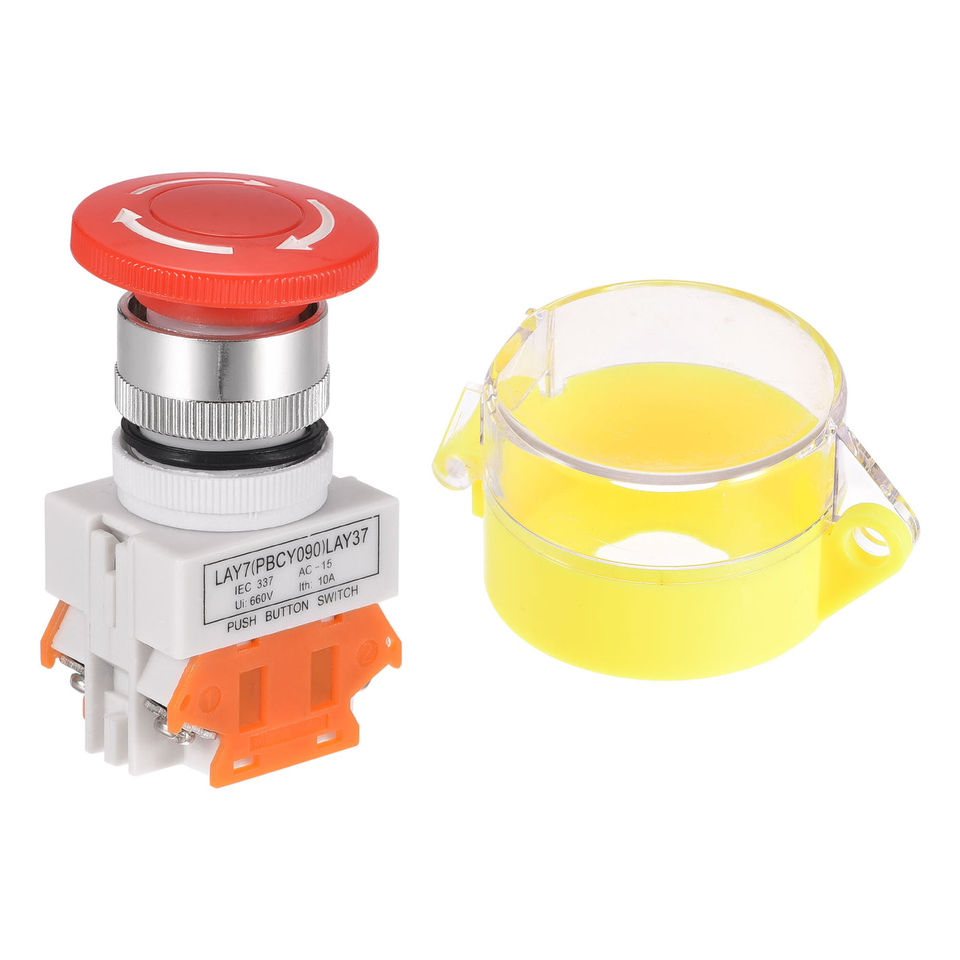uxcell Uxcell 22mm Mounting Latching Emergency Stop Push Button Switch With Yellow Protective Cover 2NC