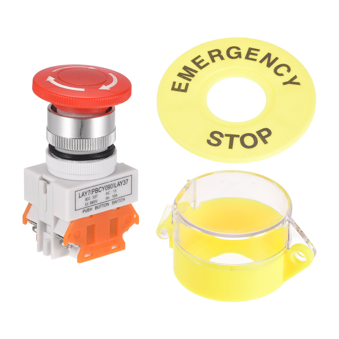 uxcell Uxcell 22mm Mounting Latching Emergency Stop Push Button Switch With Yellow Protective Cover 60mm Emergency Stop Sign 2NC