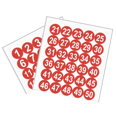 Harfington Uxcell Round Number Stickers, 50mm Dia Number 1-50 Self Adhesive PVC Label Waterproof White Word(Red Background)
