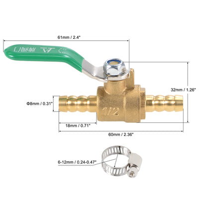 Harfington Uxcell Brass Air Ball Valve Shut Off Switch 8mm Hose Barb to 8mm Hose Barb with Clamps Green Handle 2Pcs