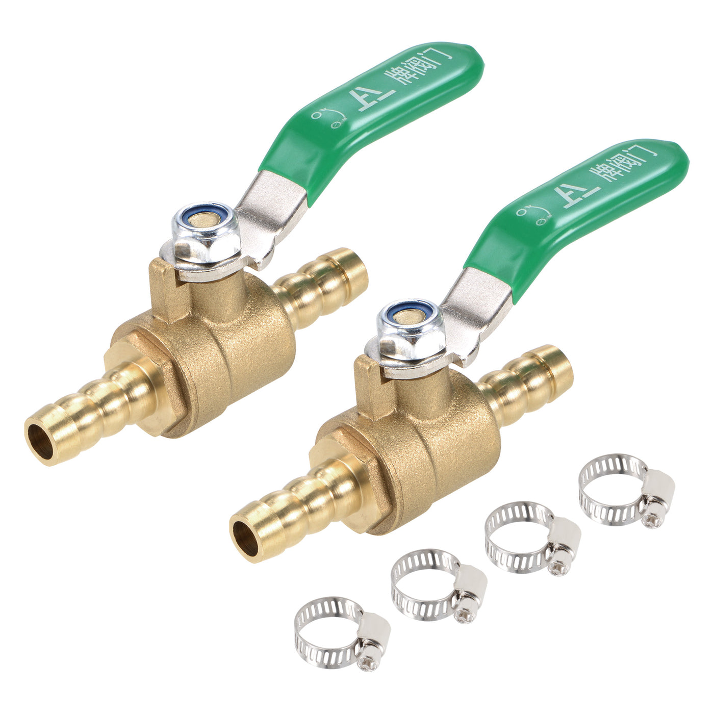 Uxcell Uxcell Brass Air Ball Valve Shut Off Switch 8mm Hose Barb to 8mm Hose Barb with Clamps Green Handle 2Pcs