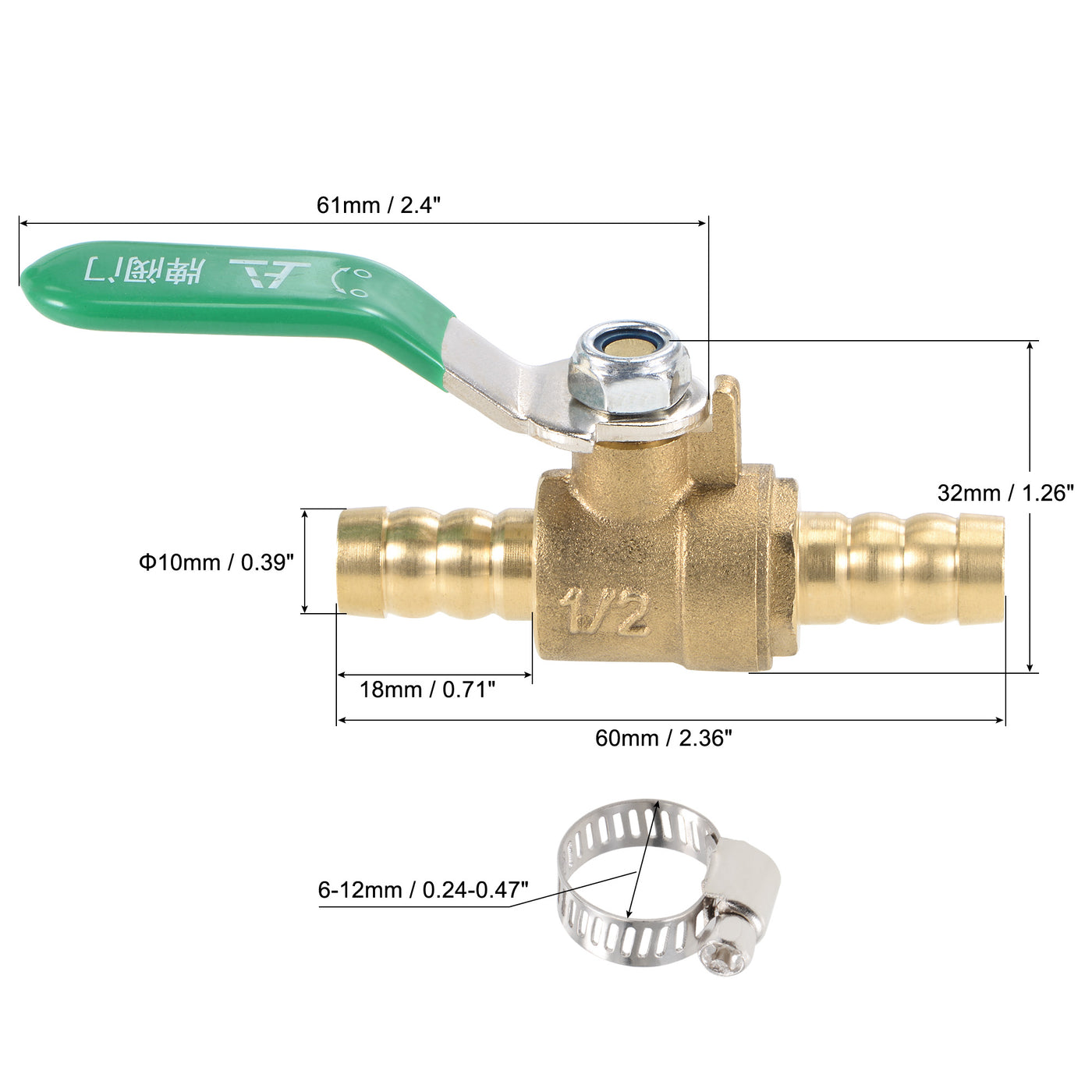 Uxcell Uxcell Brass Air Ball Valve Shut Off Switch 12mm Hose Barb to 12mm Hose Barb with Clamps Green Handle