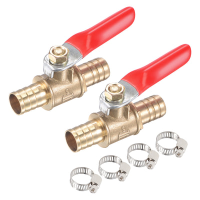 Harfington Uxcell Brass Air Ball Valve Shut Off Switch 12mm Hose Barb to 12mm Hose Barb with Clamps Red Handle 2Pcs