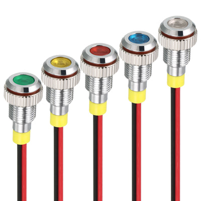 uxcell Uxcell Signal Indicator Light AC/DC 24V 8mm Dash Lamp Flush Panel Mount Metal Shell White Red Yellow Blue Green 5Pcs