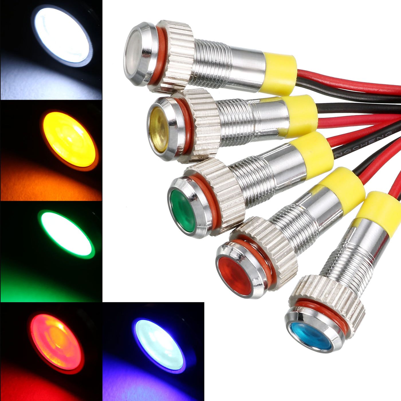 uxcell Uxcell Signal Indicator Light AC/DC 12V 6mm Dash Lamp Flush Panel Mount Metal Shell White Red Yellow Blue Green 5Pcs