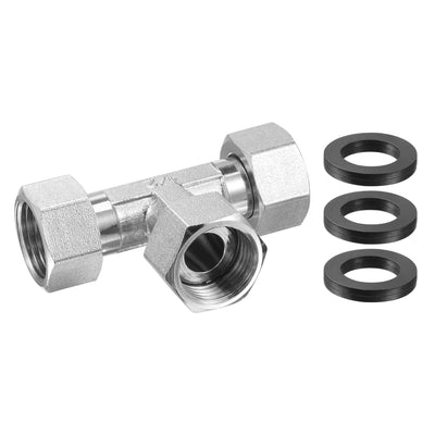 Harfington Uxcell Pipe Fitting Tee G1/2 Female Thread 3 Way T Shape Swivel Nut Hose Connector Adapter, Nickel-Plated Copper