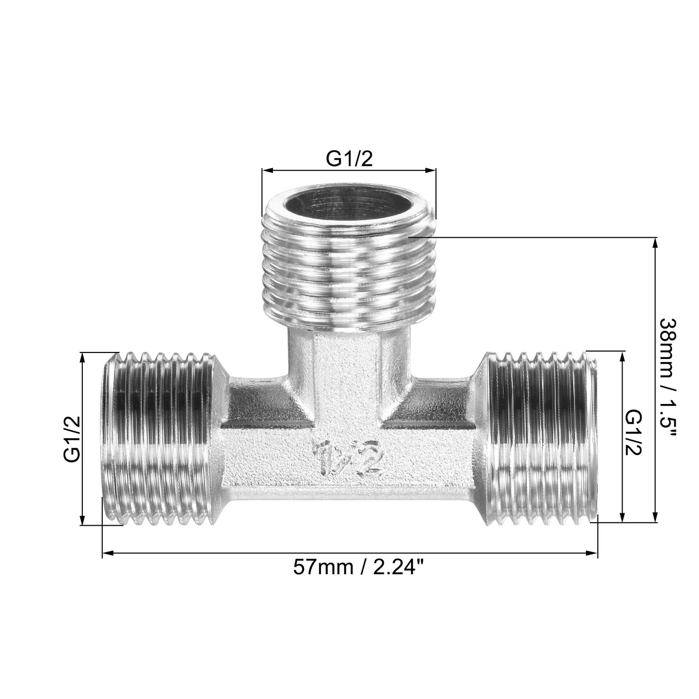uxcell Uxcell Pipe Fitting Tee G1/2 Male Thread 3 Way T Shape Hose Connector Adapter, Nickel-Plated Copper