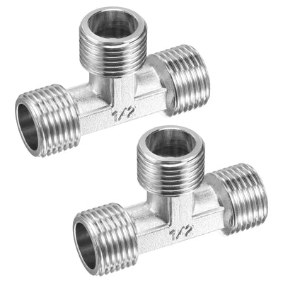 uxcell Uxcell Pipe Fitting Tee G1/2 Male Thread 3 Way T Shape Hose Connector Adapter, Nickel-Plated Copper 2pcs