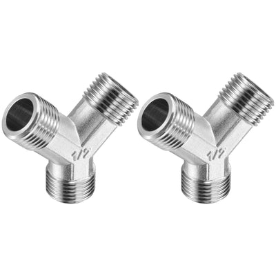 Harfington Uxcell Pipe Fitting G1/2 Male Thread Y Shape 3 Way Wye Hose Connector Adapter, Nickel-Plated Copper 2pcs