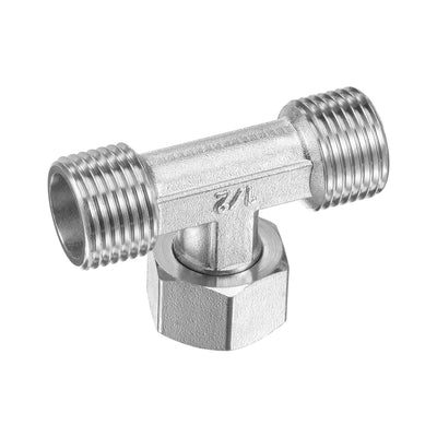 Harfington Uxcell Pipe Fitting Tee G1/2 2 Male to 1 Female Thread 3 Way T Shape Swivel Nut Hose Adapter Connector, Nickel-Plated Copper
