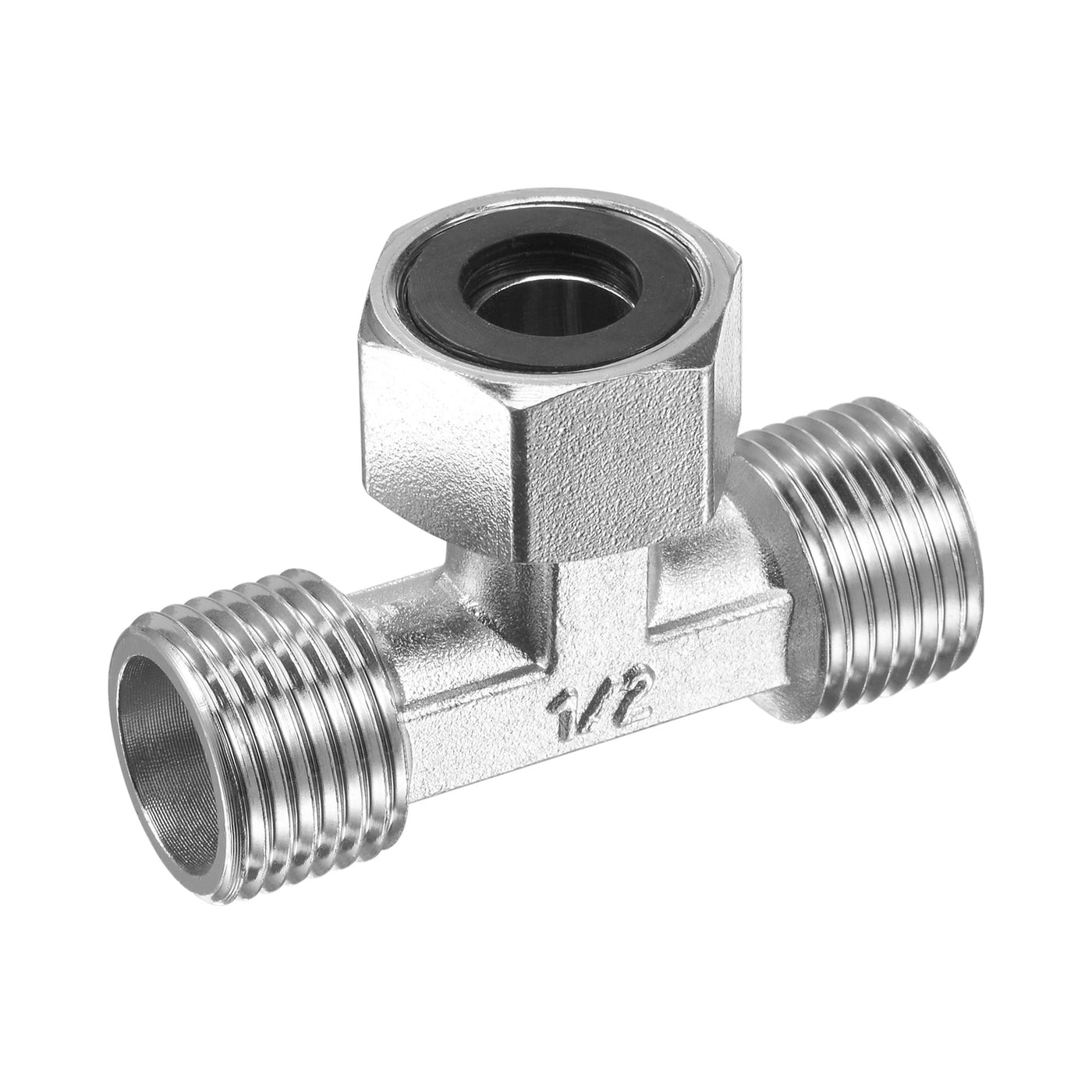 uxcell Uxcell Pipe Fitting Tee G1/2 2 Male to 1 Female Thread 3 Way T Shape Swivel Nut Hose Adapter Connector, Nickel-Plated Copper