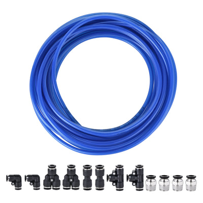 uxcell Uxcell Pneumatic 6mm OD PU Air Hose Tubing Kit 10 Meters Blue with 12 Pcs Push to Connect Fittings