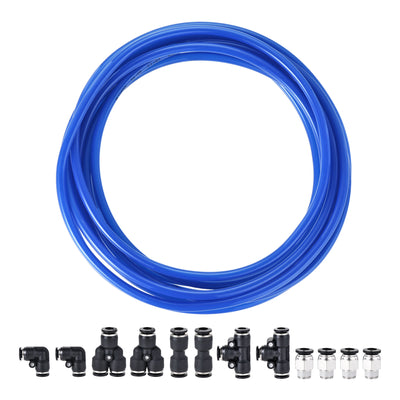 uxcell Uxcell Pneumatic 6mm OD PU Air Hose Tubing Kit 5M Blue with Push to Connect Fittings
