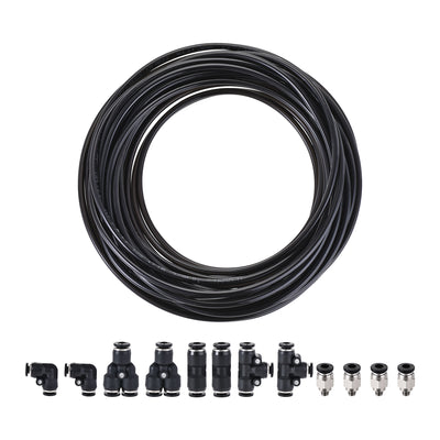 uxcell Uxcell Pneumatic 4mm OD PU Air Hose Pipe Tube Kit 10M Black with Push to Connect Fittings