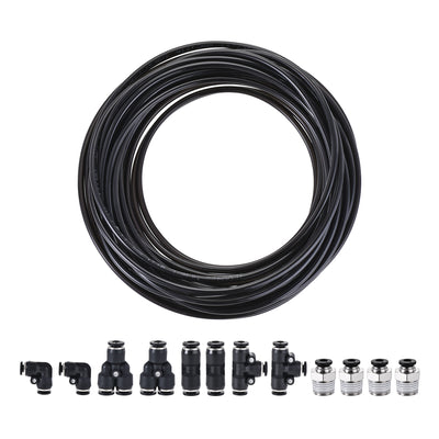 uxcell Uxcell Pneumatic 4mm OD PU Air Hose Tubing Kit 10 Meters Black with 12 Pcs Push to Connect Fittings