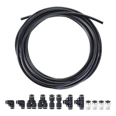 uxcell Uxcell Pneumatic 6mm OD PU Air Hose Tubing Kit 10 Meters Black with Push to Connect Fittings