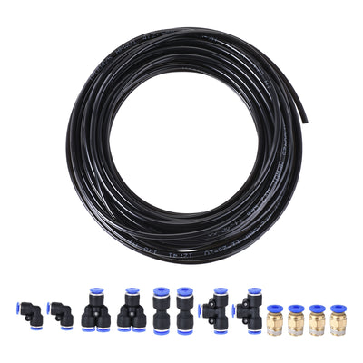 uxcell Uxcell Pneumatic PU Tubing Kit 4mm OD 10M Black with 12 Pcs Push to Connect Fittings