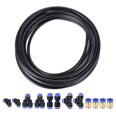 uxcell Uxcell Pneumatic PU Tubing Kit 8mm OD 10M Black with 12 Pcs Push to Connect Fittings