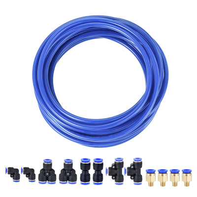 uxcell Uxcell Pneumatic PU Tubing Kit 8mm OD 10M Blue with 12 Pcs Push to Connect Fittings