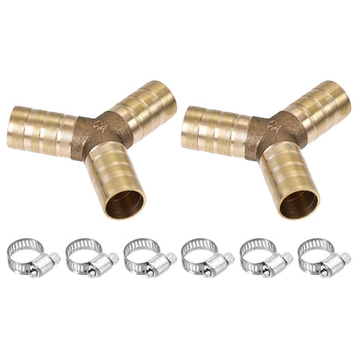 Harfington Uxcell Barb Hose Fitting 10mm OD Y Shape Pipe Connector Brass 2Pcs with 6Pcs 6-12mm Hose Clamps for Water Fuel Air