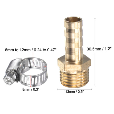 Harfington Uxcell Brass Hose Barb Fitting Straight Male Thread Pipe Connector with Stainless Steel Hose Clamps