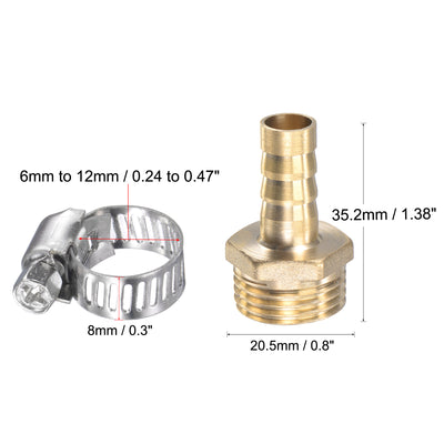Harfington Uxcell Brass Hose Barb Fitting Straight 6mm x G1/2 Male Thread Pipe Connector with Stainless Steel Hose Clamp, Pack of 2