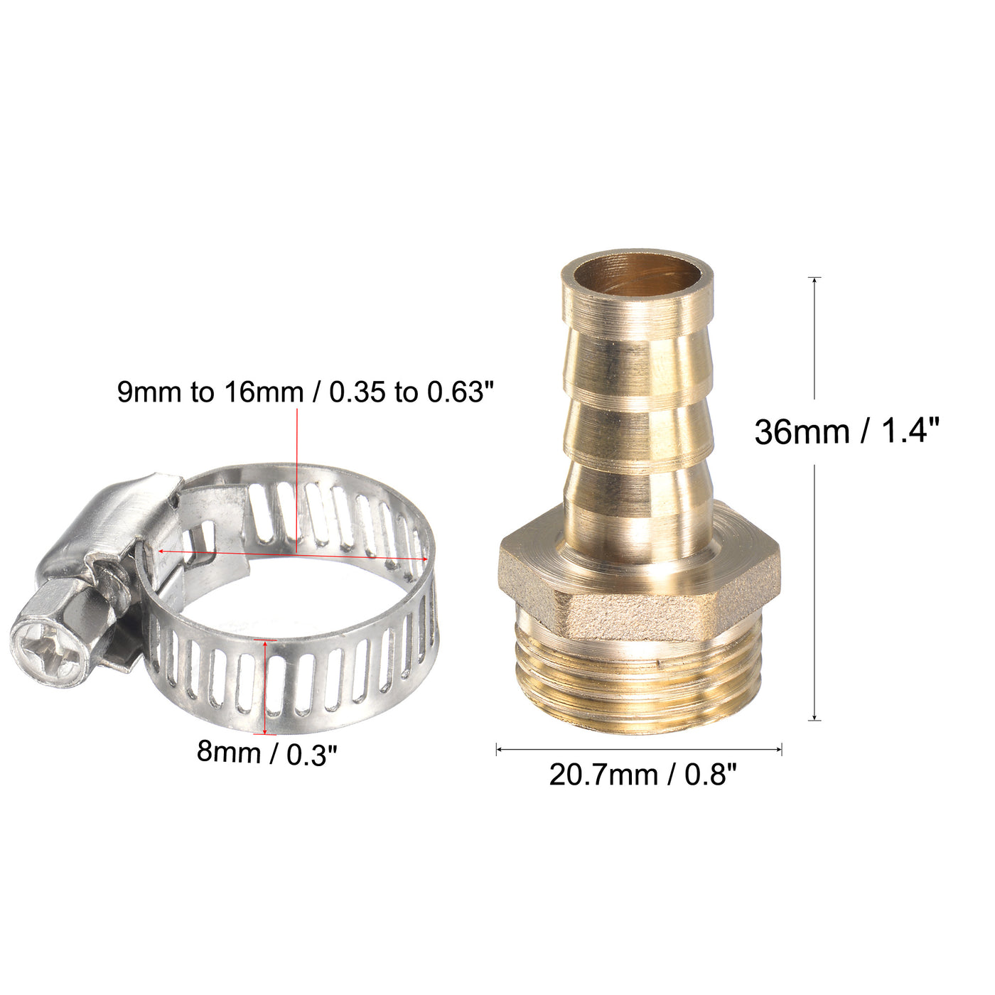 Uxcell Uxcell Brass Hose Barb Fitting Straight 6mm x G1/2 Male Thread Pipe Connector with Stainless Steel Hose Clamp, Pack of 2