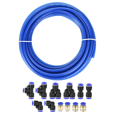 Harfington Uxcell Pneumatic 6mm OD Polyurethane PU Air Hose Tubing Kit 10 Meters Blue with 12 Pcs Push to Connect Fittings