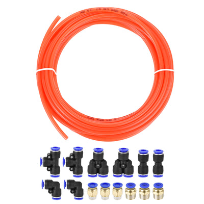 Harfington Uxcell Pneumatic 6mm OD Polyurethane PU Air Hose Tubing Kit 10 Meters Orange with 14 Pcs Push to Connect Fittings