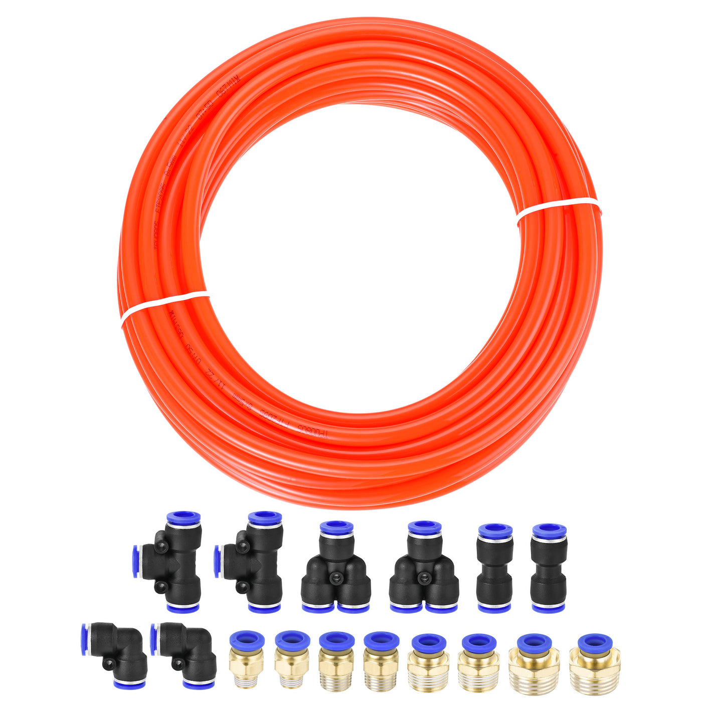 Uxcell Uxcell Pneumatic 8mm OD Polyurethane PU Air Hose Tubing Kit 10 Meters Orange with 16 Pcs Push to Connect Fittings