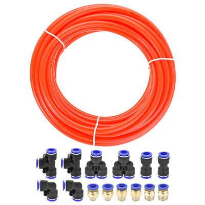 Harfington Uxcell Pneumatic 10mm OD Polyurethane PU Air Hose Tubing Kit 10 Meters Blue with 14 Pcs Push to Connect Fittings