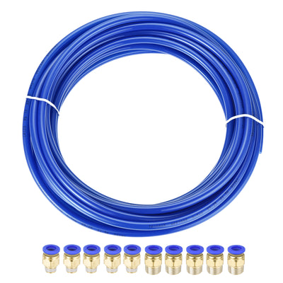 Harfington Uxcell Pneumatic 8mm OD Polyurethane PU Air Hose Tubing Kit 10 Meters Blue with 10 Pcs Push to Connect Fittings