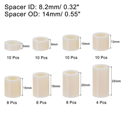 Harfington Uxcell ABS Round Spacer Assortment Kit ID 8.2mm OD 14mm, 8 Sizes Standoff, 68pcs