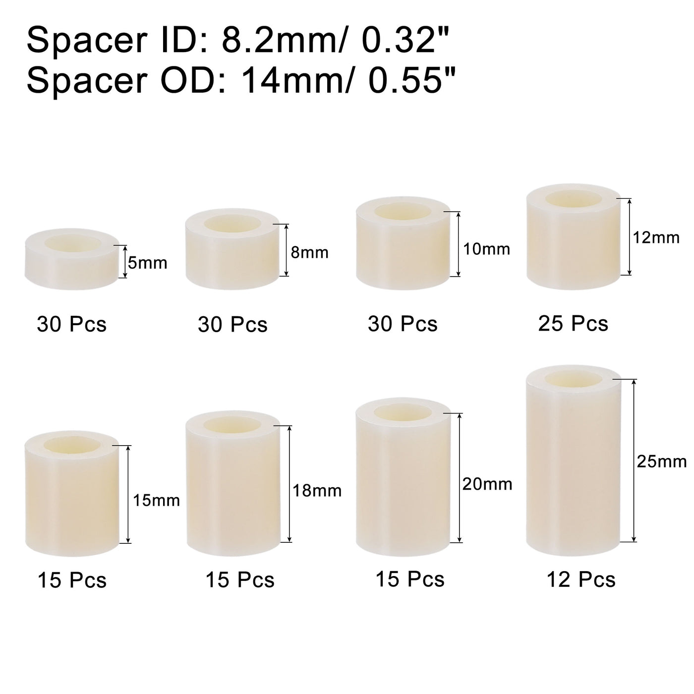 uxcell Uxcell ABS Round Spacer Assortment Kit ID 8.2mm OD 14mm, 8 Sizes Standoff, 172pcs