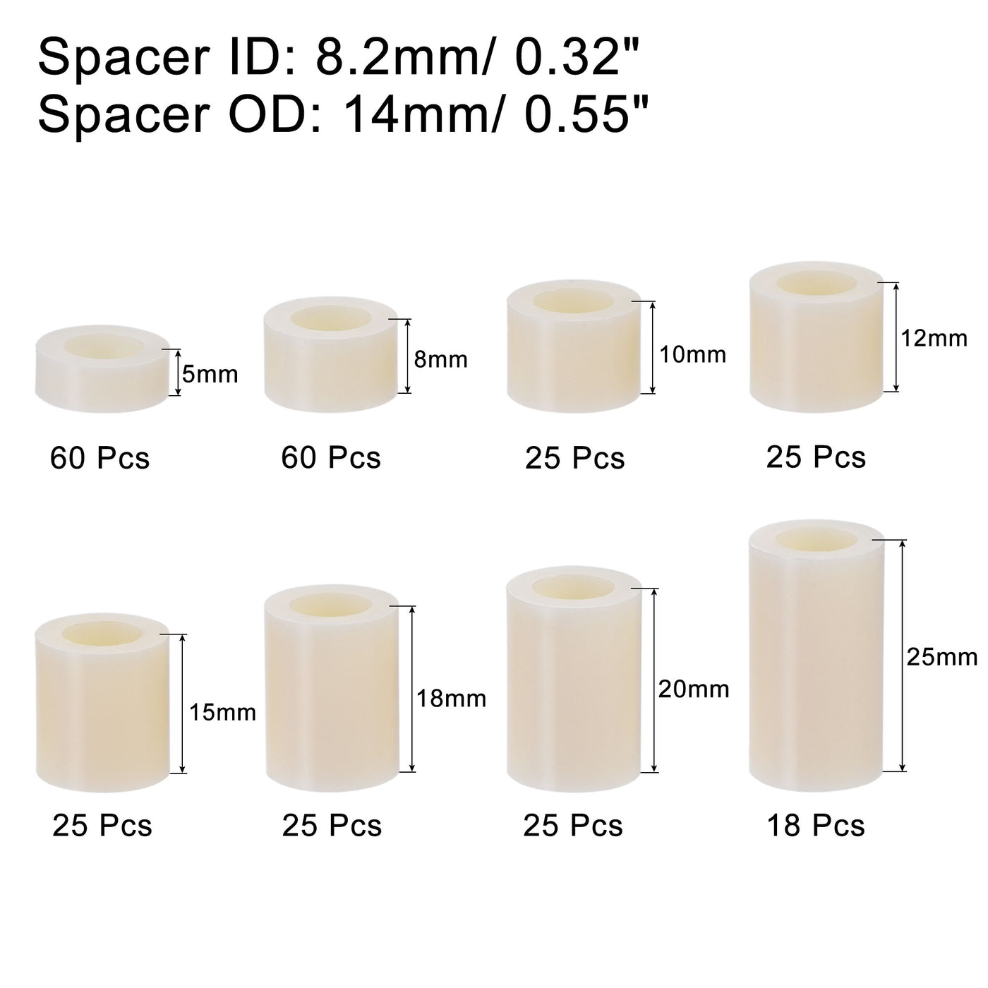 uxcell Uxcell ABS Round Spacer Assortment Kit ID 8.2mm OD 14mm, 8 Sizes Standoff, 263pcs
