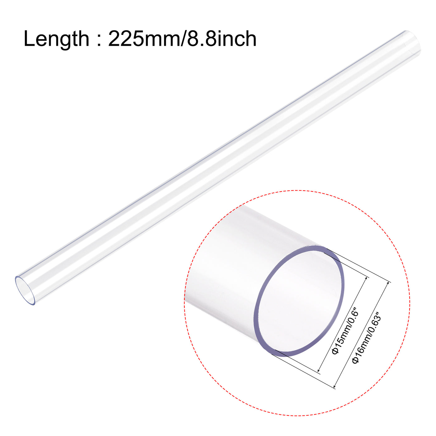 uxcell Uxcell 2pcs Polycarbonate Rigid Round Clear Tubing 15mm(0.6 Inch)IDx16mm(0.63 Inch)ODx225mm(8.8 Inch) Length Plastic Storage Transparent Tube with White Lids