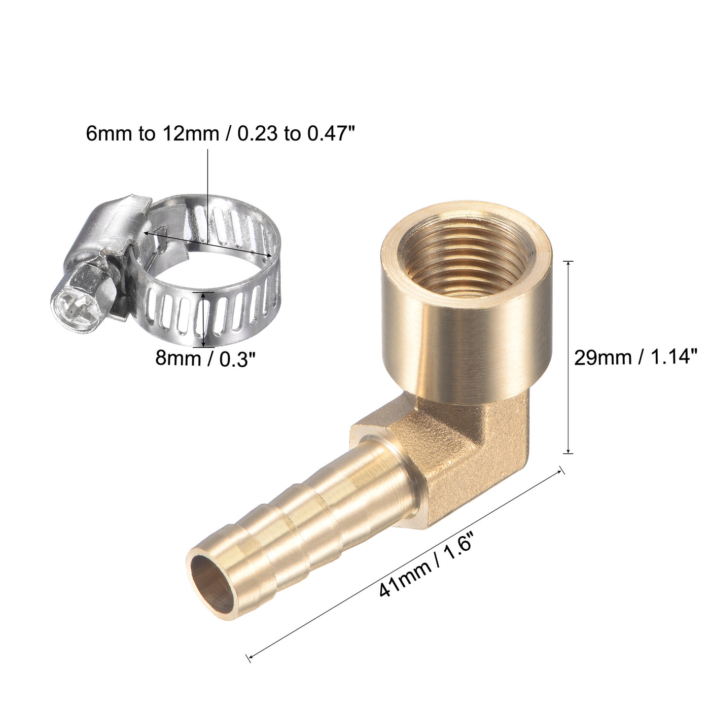 Uxcell Uxcell Brass Hose Barb Fitting Elbow 8mm x G1/4 Female Thread Right Angle Pipe Connector with Stainless Steel Hose Clamp